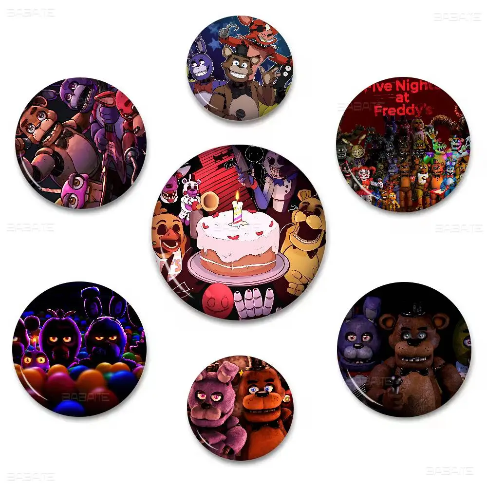 F-FNAF Five-nights-At-Freddys Cartoon Brooches Anime Badge Round Handmade Brooch Lapel Pins Jewelry for Backpack Clothes Gifts