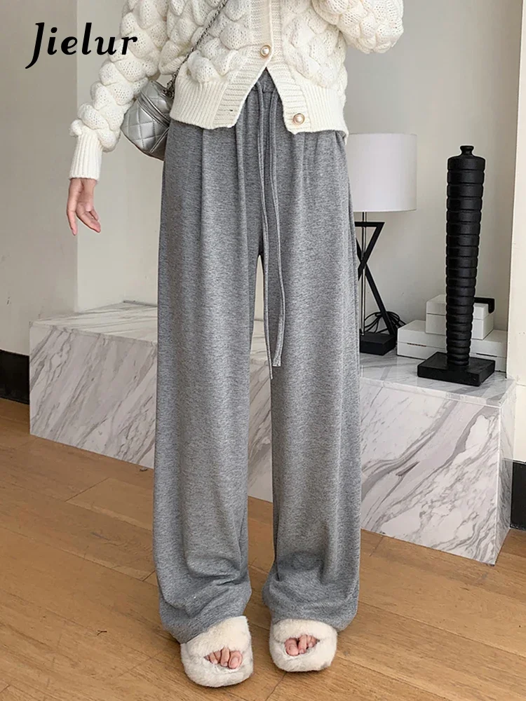 Jielur Light Grey Casual Autumn Chic Women's Pants High Waist Lace-up Pure Color Loose Simple Office Lady Wide Leg Pants Pockets