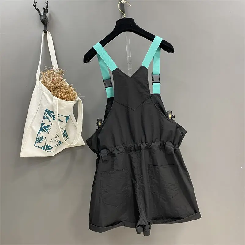 Street Casual Contrast Loose Overalls Summer New Drawstring Pleated Pockets Patchwork Trend Shorts Fashion Vintage Women Clothes