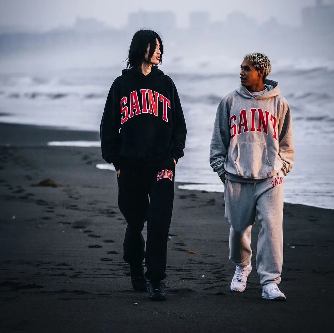 Saint Michael new basic letter logo print hoodie sweater set solid color loose casual heavy set men clothing tracksuit men