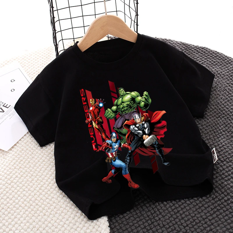 Marvels Avengers 티셔츠 소년 소녀 만화 애니메이션 패턴 반팔 아동 의류 SpiderMans 레저 홈 의류 탑 티