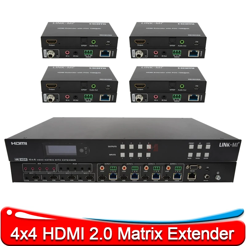 70M 4x4 HDMI Matrix Extender with 4 HDMI loop out over Ca6 Ethernet Cable, Support 4K60Hz, 18Gbps, HDR, IR, SPDIF, EDID