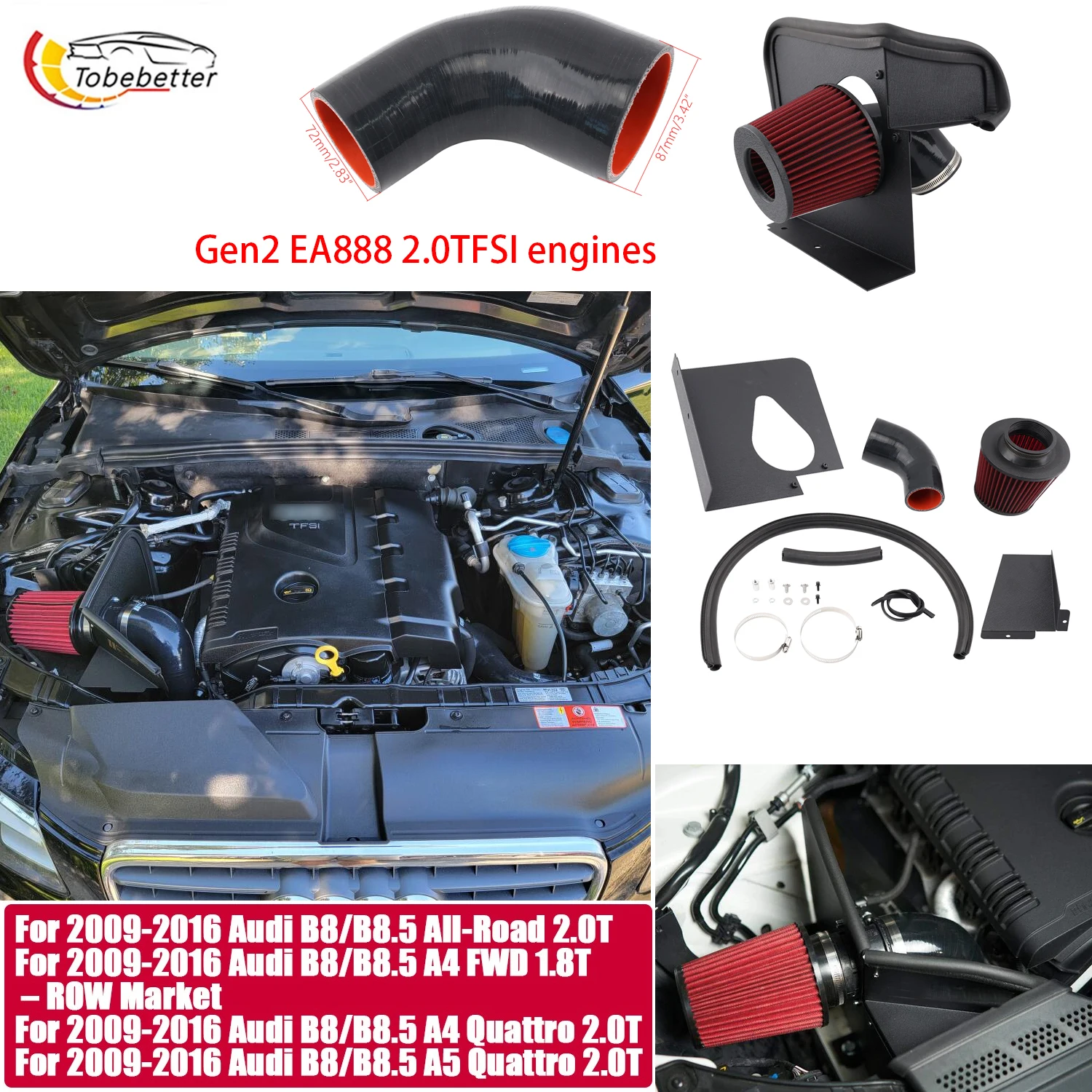 Turbo Engine Power Air Intake System for B8/B8.5 Audi A4/A5/Allroad with Gen2 EA888 2.0TFSI Engines FWD 1.8T ROW Market
