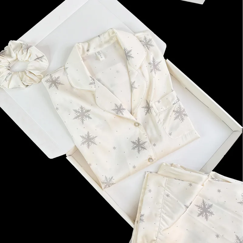 26 Spring Summer Elegant Snowflake Pajamas Ice Silk Women 2piece Set Long Sleeve Pants Home Wear Nightgown Sleepwear Outfit