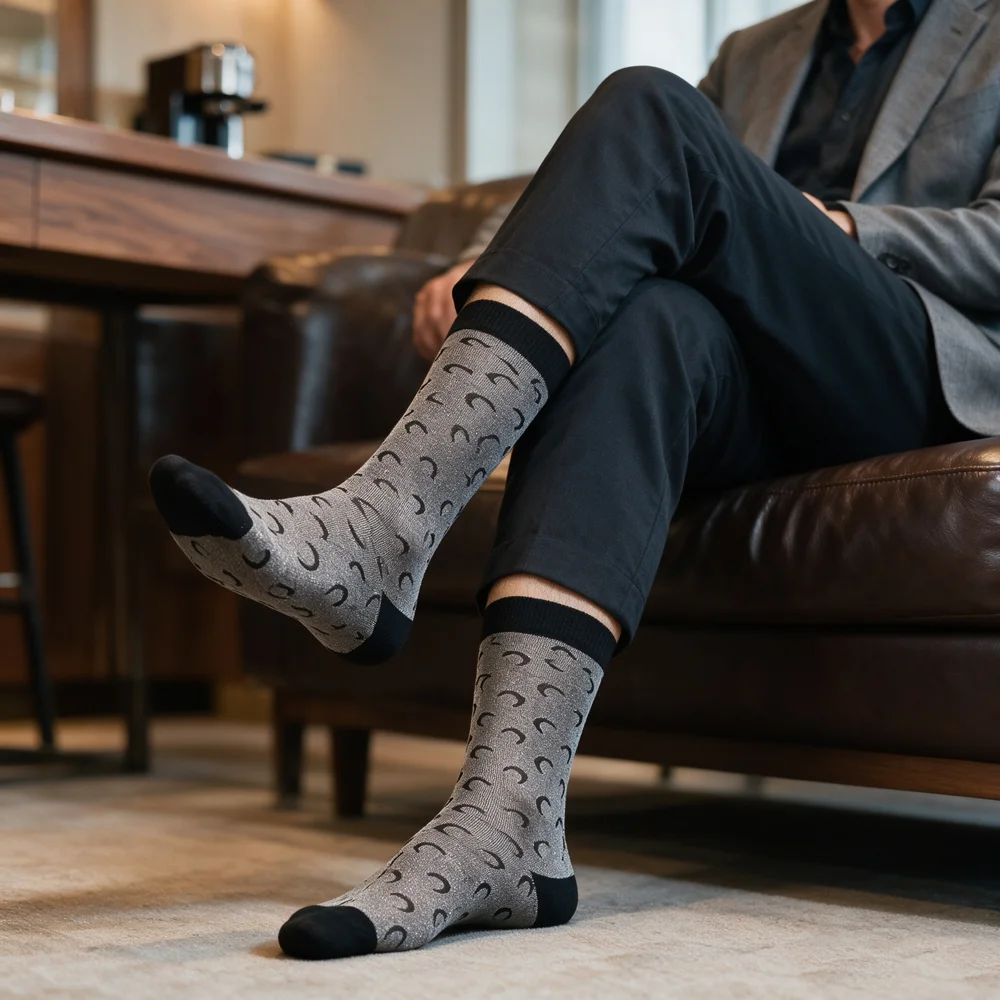 Men Grey Crescent Moon Dress Socks Black Ribbed Cuff Mid-Calf Cotton Blend Trendy Casual Business Novelty Socks