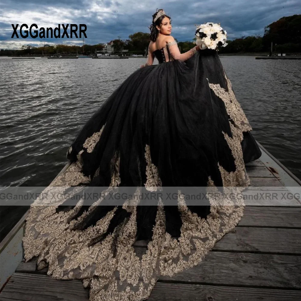 Luxury Black Ball Gown Quinceanera Dress 2024 Applique Long Sleeves Sweet 15 16 Yearls Birthday Party Vestidos De XV Años Miss