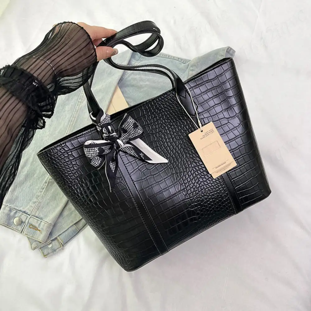 

Women Crocodile Leather Top-Handle Bags Large Capacity Underarm Pouch with Square Scarf Casual Luxury Shoulder Tote Handbag