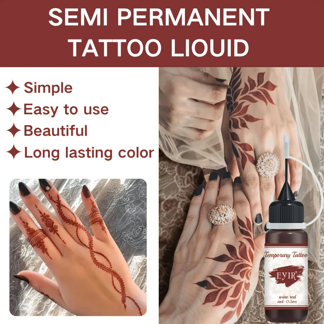 EYIR Temporäres Tattoo-Paste Set 3 Farben mit 5 Henna Handschablonen Wasserfest für Body Art DIY Festival Party – Detail 7