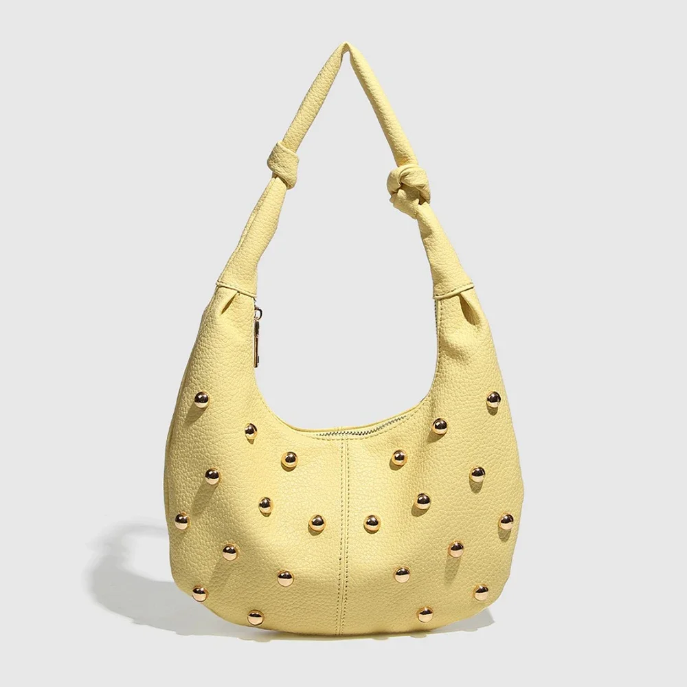 

Женская сумка через плечо с металлическими заклепками, желтые сумки в форме полумесяца для женщин, сумка из мягкой искусственной кожи, сумка-облако, круассан, кошельки для покупок, новинка