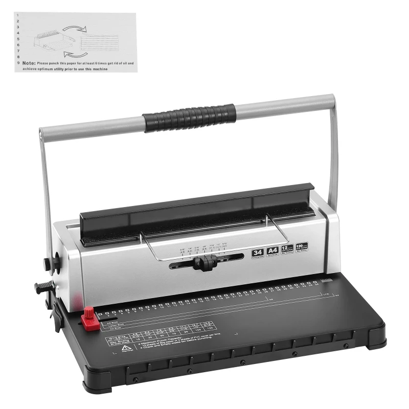 Coil Spiral Binding Machine Manual Book Maker 34-Holes Binding 120 Sheets Punch Binder w/ Adjustable Coil Binding Spine