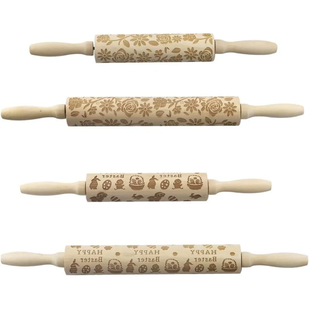 

Wooden Embossed Rolling Pins for Holiday Baking: 4-Piece Christmas & Easter Patterns