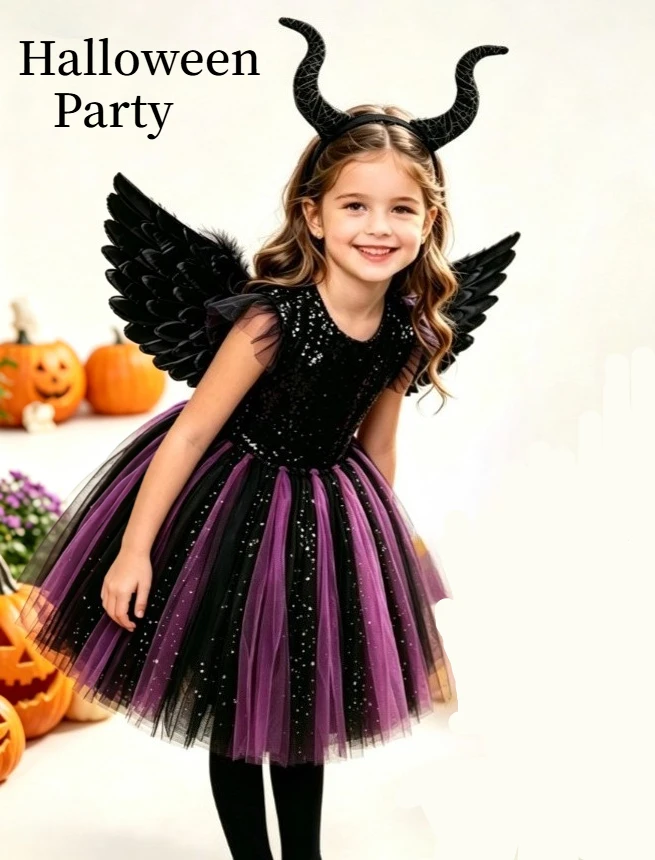 Girls Black Sparkly Dark Horned Witch Sleeveless Tulle Dress With Wings For Halloween Party Stage Performance Photography Outfit