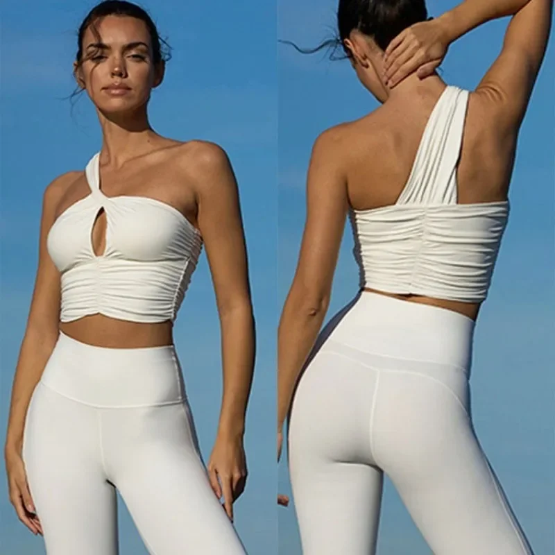 Sean Tsing Yoga Gym Two Picec Sets Women Sexy Sleeveless Angled Shoulder Pleated Tops High Wasit Pant Fitness Training Tracksuit