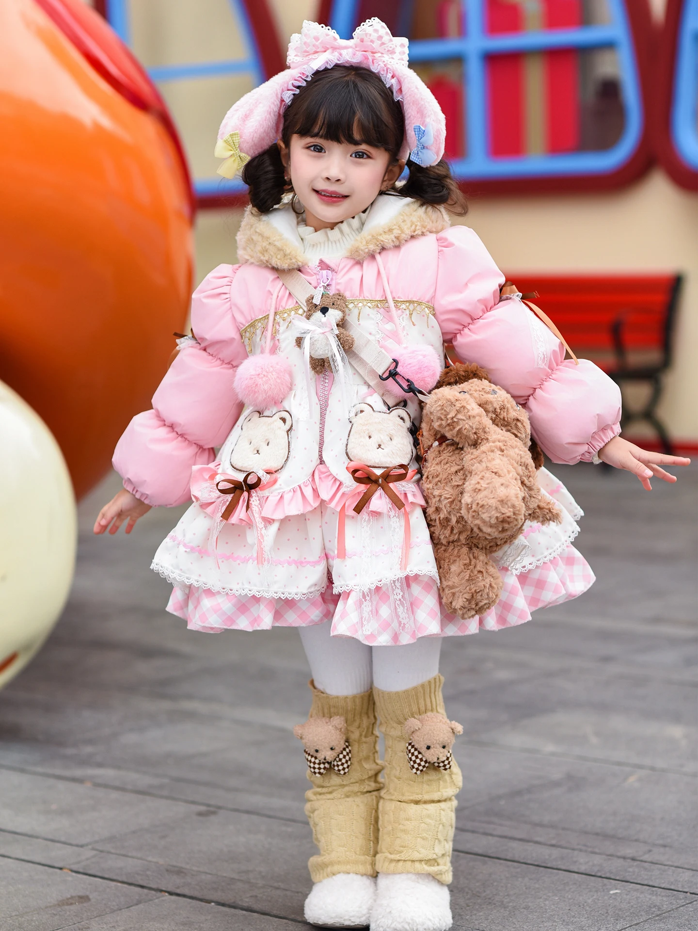 

Зимнее пальто Lolita Sle Girls средней длины с узором «Медведь», розовое, на пуху, теплое, длинное пальто Princ Sle