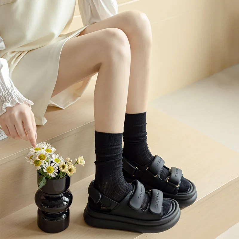 Women Socks Lolita Sweet Girls Middle Tube Socks Hollow Out Mesh Thin Breathable Solid Color Black White Gray Loose Long Socks