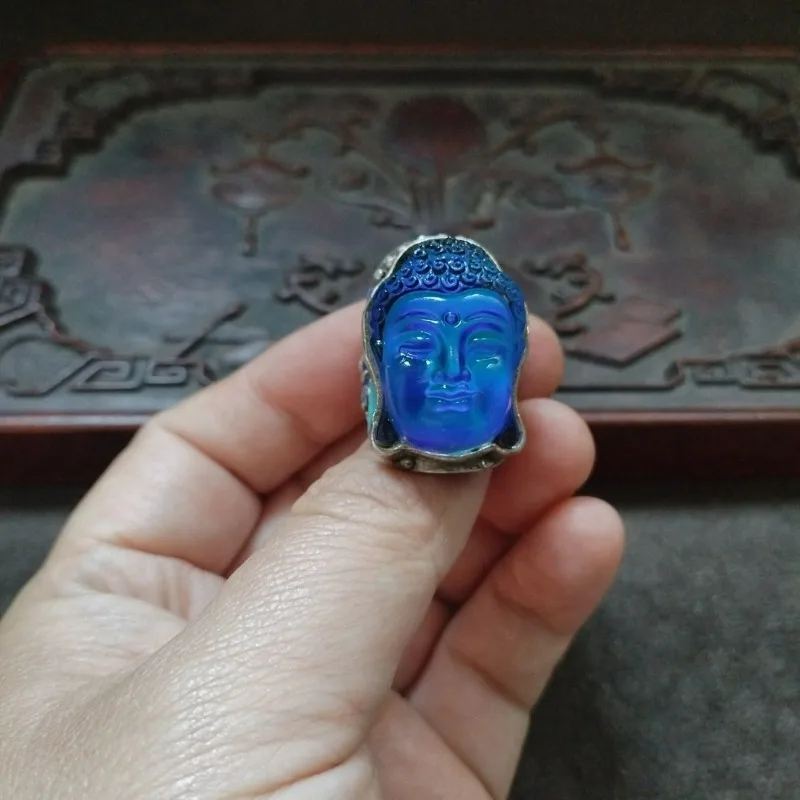 Vintage Import Buddha Head Ring With Antique Patina, Inlaid Color Changing Gem Adjustable Collectible Finger Jewelry