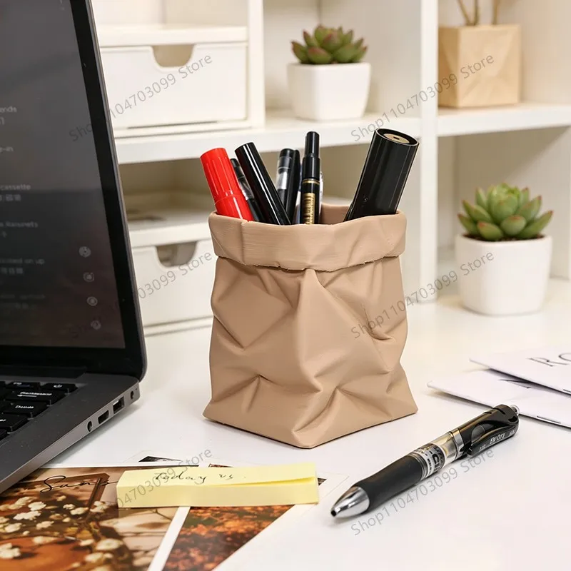 Cute 3D Printed Paper Bag Pen Holder, Minimalist Desktop Organizer for Stationery & Cosmetics