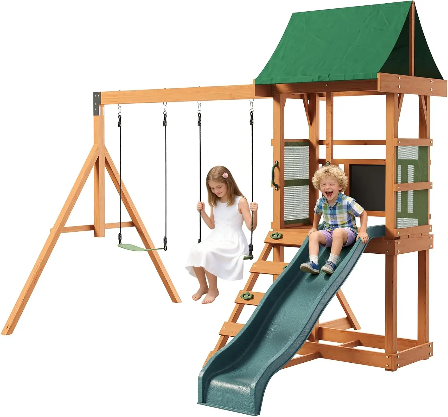 

Деревянные качели для двора - Игровые комплексы для заднего двора, уличный игровой комплекс с волновой горкой, игровой платформой, скалодромом, лестницей и ременной лестницей-канатом.