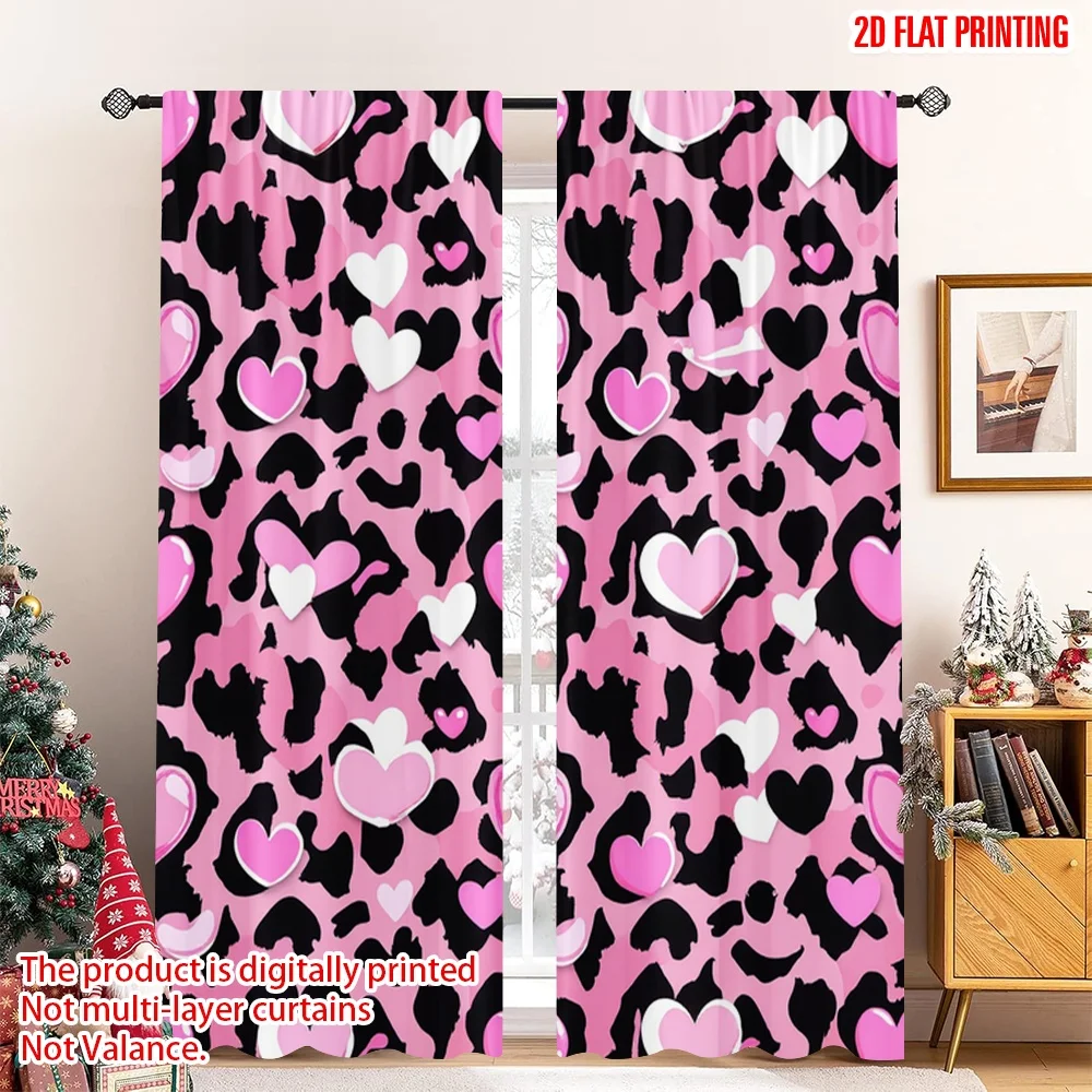 

2pcs 2D flat printing Party Curtain Pink Leopard Heart Digital Printed Polyester Drapes Party Decorations Perfect for Oversized