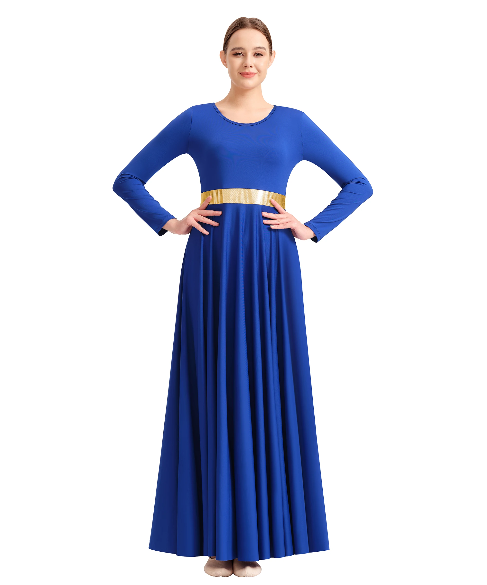 Metallic Lof Dans Jurk voor Vrouwen Lange Swing Liturgische Aanbidding Kerk Gewaad Jurk Lyrische Dancewearl Kerk Gewaad