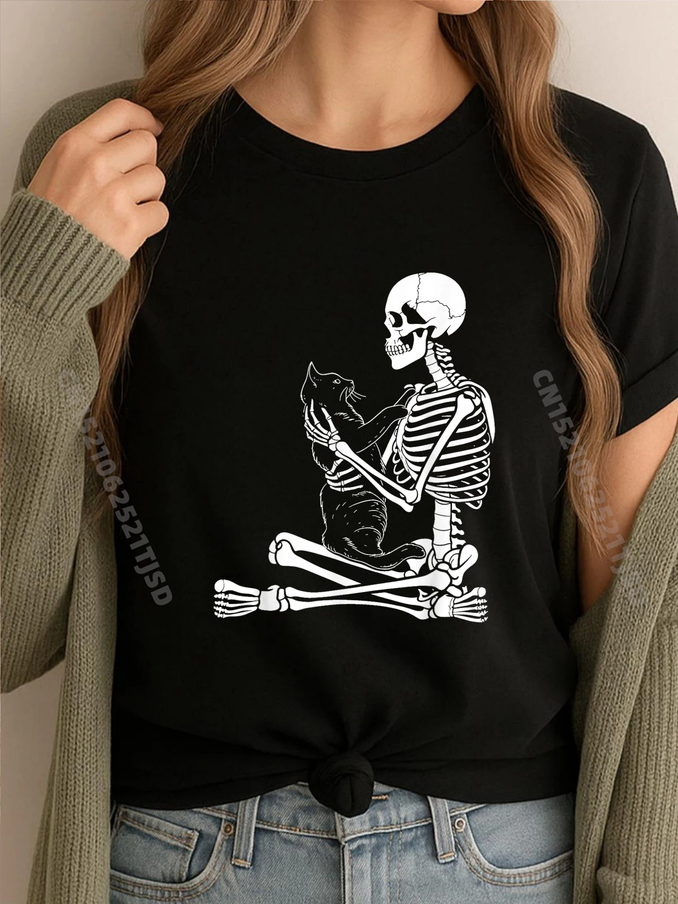 

Графический костюм Китти Скелет на Хэллоуин, спортивная футболка с черепом и котом, женская футболка с короткими рукавами, большой размер, свободная