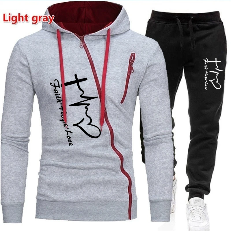 New Fashion Printed Men's Sportswear Set Oblique Zipper Hoodie Set Hoodie+Sweatpants Two Piece Jogging Set Sportswear