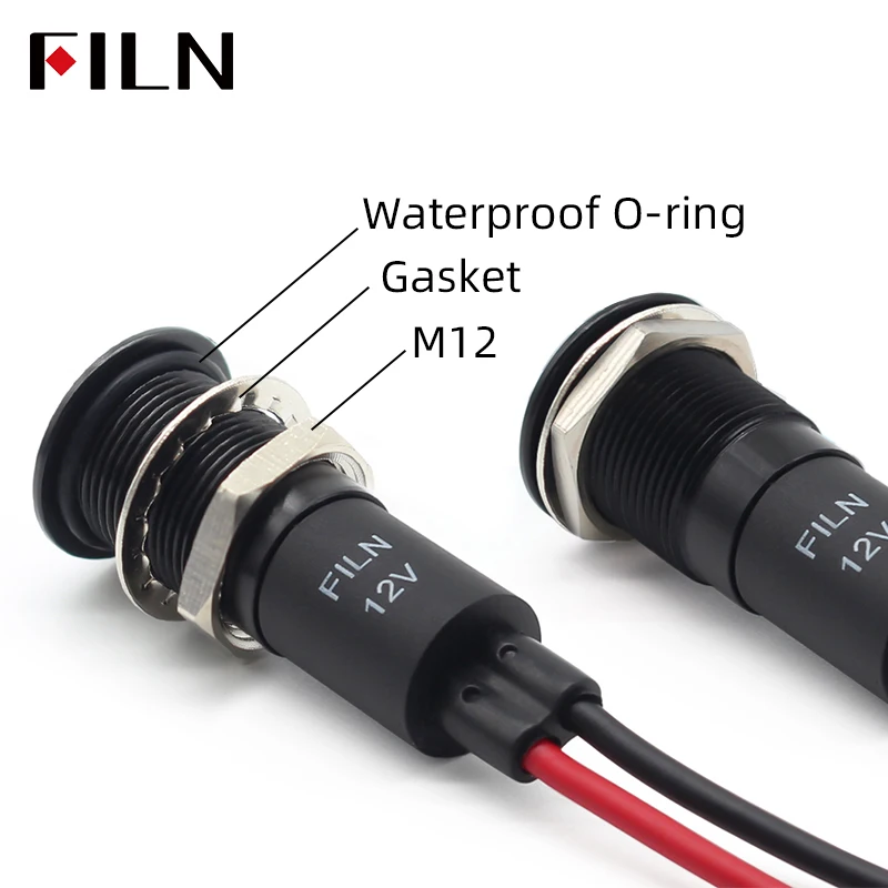 FILN 12mm Wodoodporna lampka kontrolna LED IP67 Metalowa lampka sygnalizacyjna 12V Głowica lampki kontrolnej do samochodu Światło łodzi