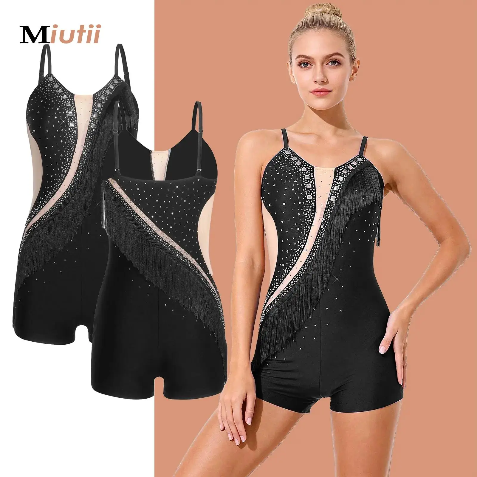 

Women Sleeveless Fringe Bodysuit Modern Latin Jazz Dance Leotard Dress Rhinestones Gymnastics Figure Skating Performance Costume