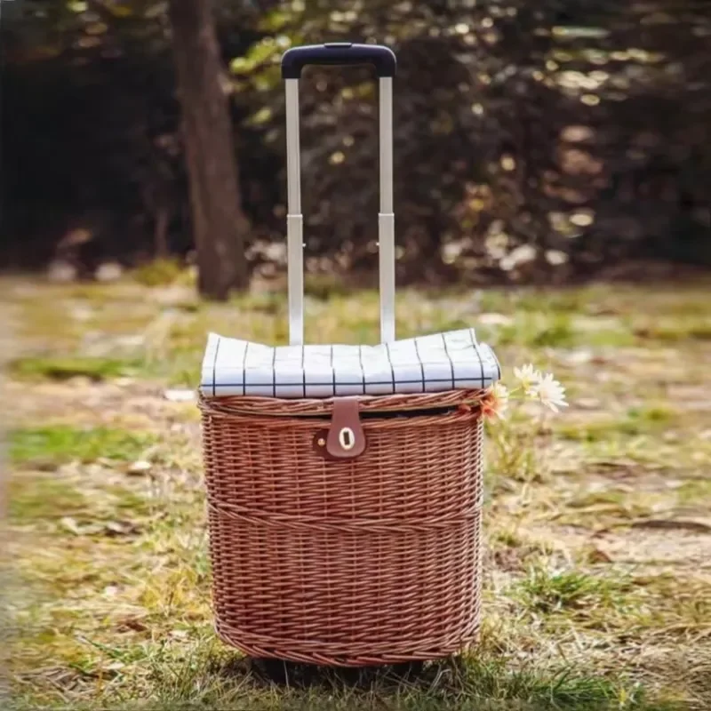 Multifunctional Eco-friendly Modern Portable Hand Woven Rectangle Storage Wicker Basket Pull-Type Picnic Tool Lid Outdoor