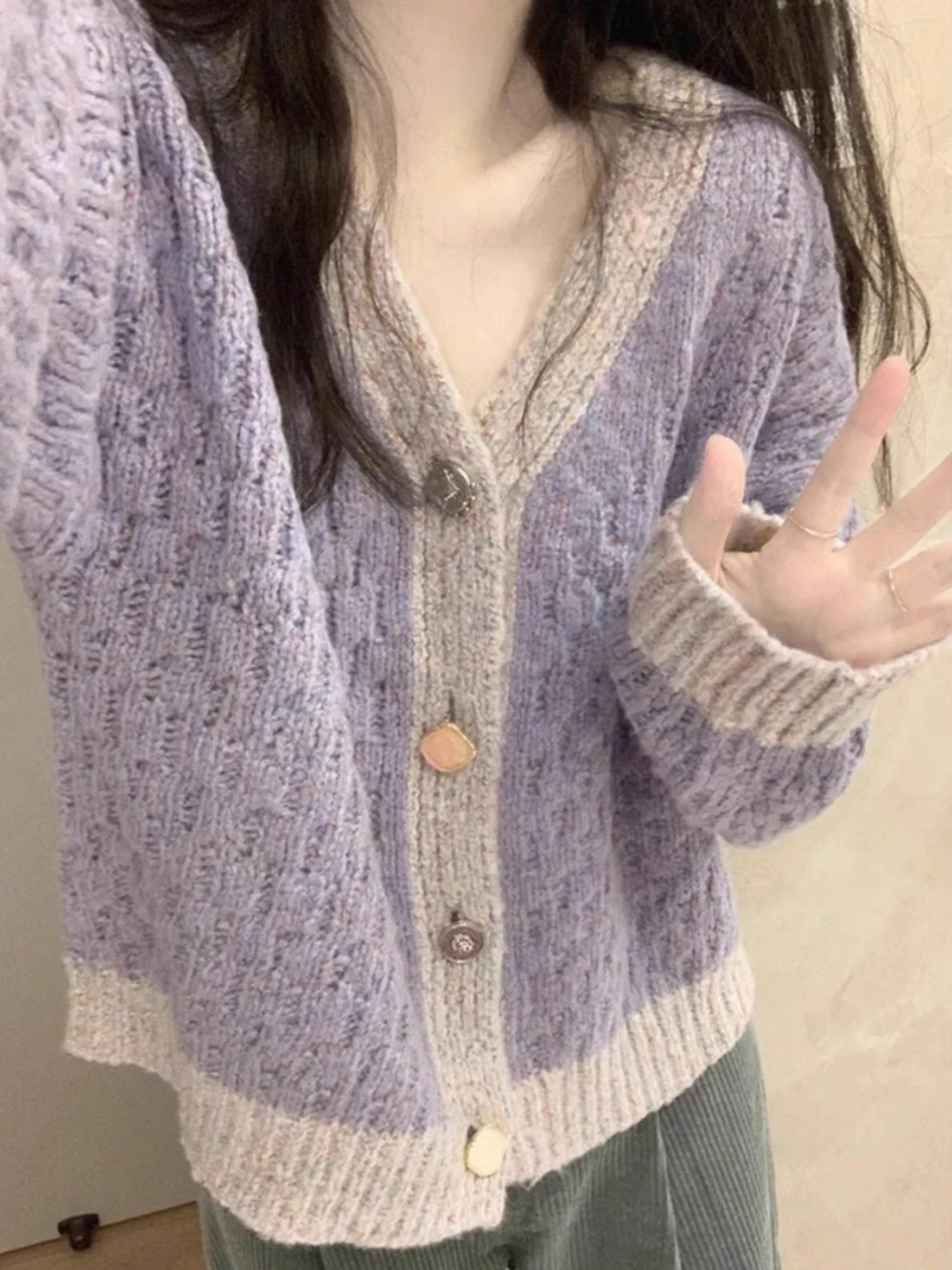 

V-neck Purple Knitted Sweaters Coat Women Soft Warm Knit Cardigans Spring Autumn Long Sleeve Korean Style Loose Sweater Tops