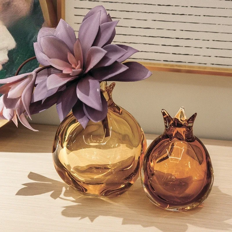 Pomegranate shape single small glazed glass vase ornament, flower arrangement girl room bedroom warm trinkets