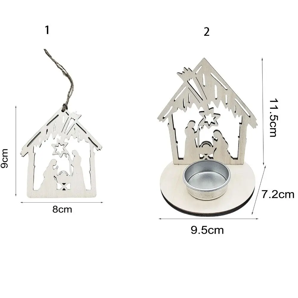 Castiçal religioso de madeira natural, pingente religioso de natal, enfeites de chip de madeira feitos à mão tradicionais