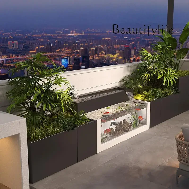 qw  outdoor courtyard stainless steel  pond modern circulating water  rectangular glass fish tank landscaping customization