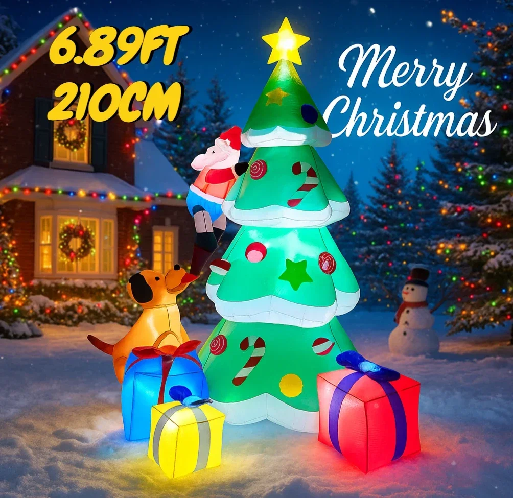 6.89FT في الهواء الطلق عطلة زينة نفخ شجرة عيد الميلاد سانتا الكلب هدية لعبة LED عيد الميلاد لوازم المنزل زخرفة عيد الميلاد ساحة ديكور