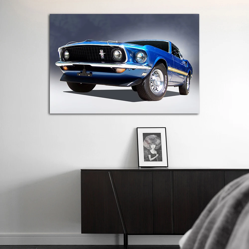 Blue 1969 Mustang Boss 429 Muscle Car Posters & Prints Supercar Picture Wall Art Canvas Paintings Home Living Room Decor