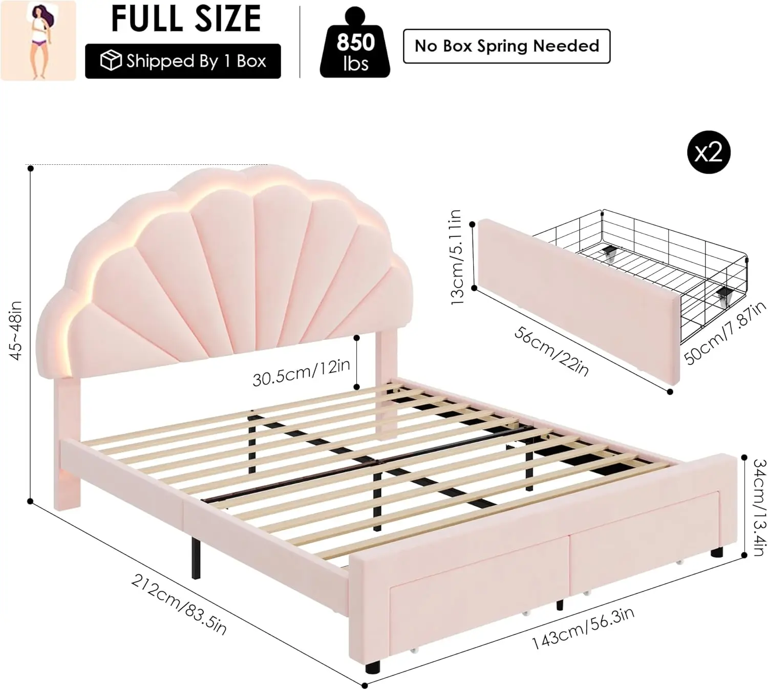 Full Size Upholstered Smart LED Bed Frame 2 Storage Drawers & Adjustable Chic Double Petal Headboard, Princess Platform Bed Pink
