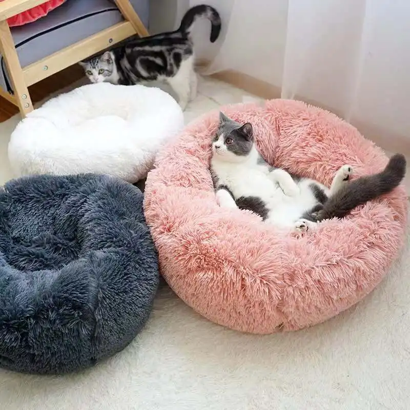 

Custom Wholesale Manufacturer Soft Luxury Plush Pink Grey White Pet Cushion Round Cat Dog Bed