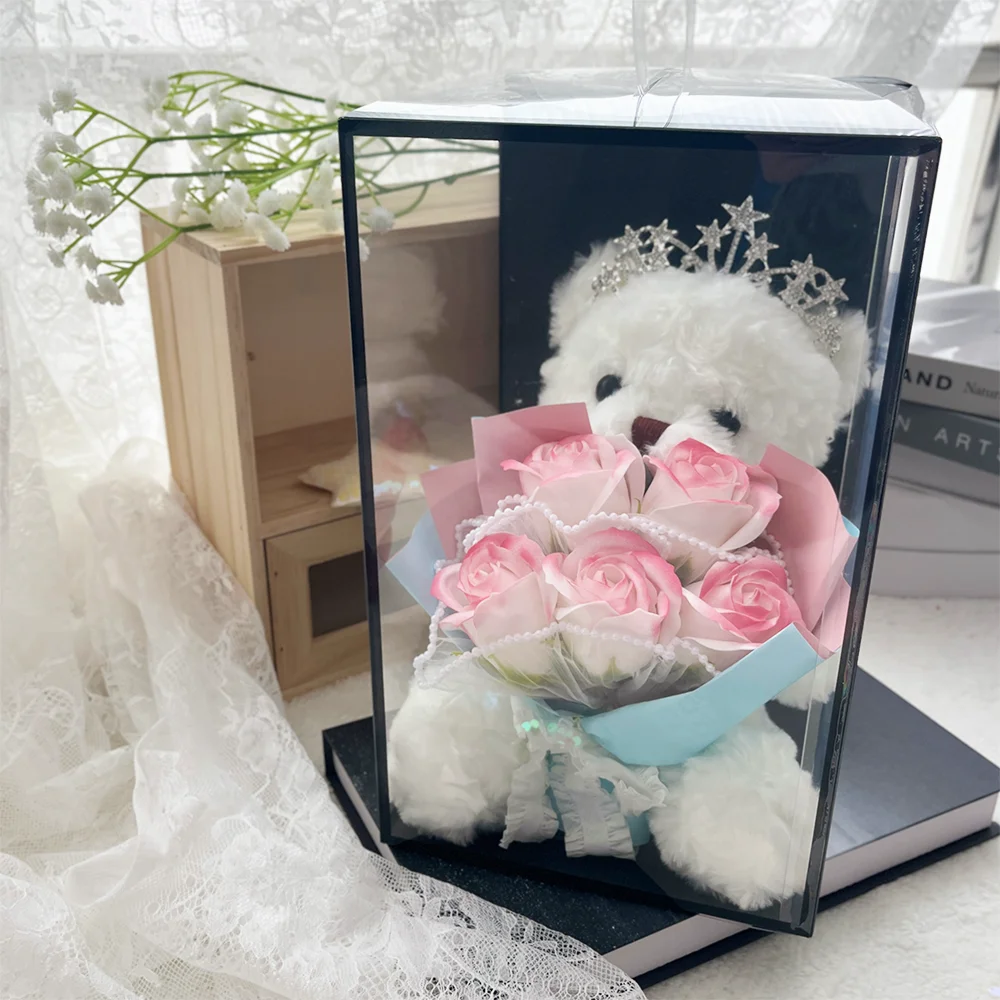 Luxury Rose Flower Bouquet Crown Bear Gift Box Creative Artificial Flower Gifts Box Christmas Wedding Birthday Party Supplies