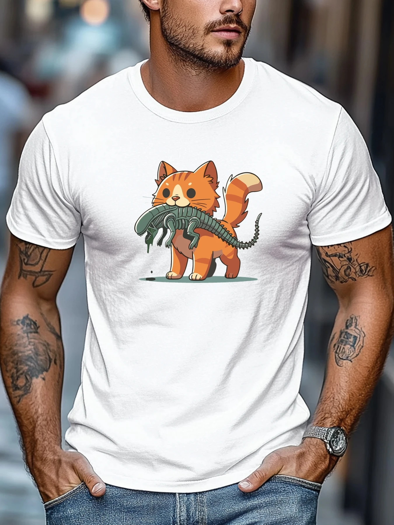 100% Cotton Men's T-Shirt, Relaxed and Casual, Comfortable and Versatile, Men's T-Shirt with Kitten Holding an Alien Creature Graphic, Summer Casual Crew Neck Short Sleeve T-Shirt, Suitable for Sports and Fitness