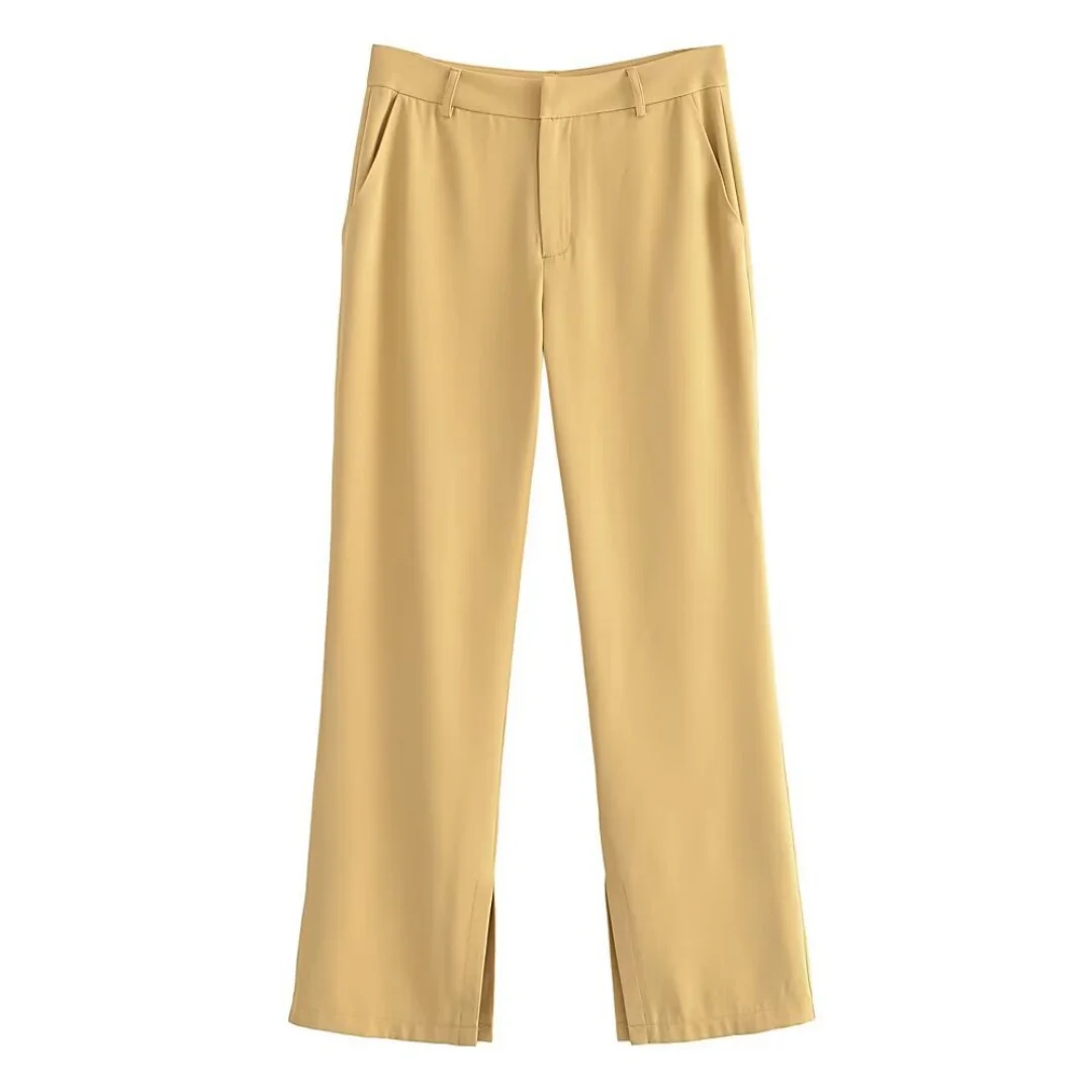 Women Khaki Trousers Split Design Straight Long Pants for Office Lady Full Length Female Chic Lady Trousers