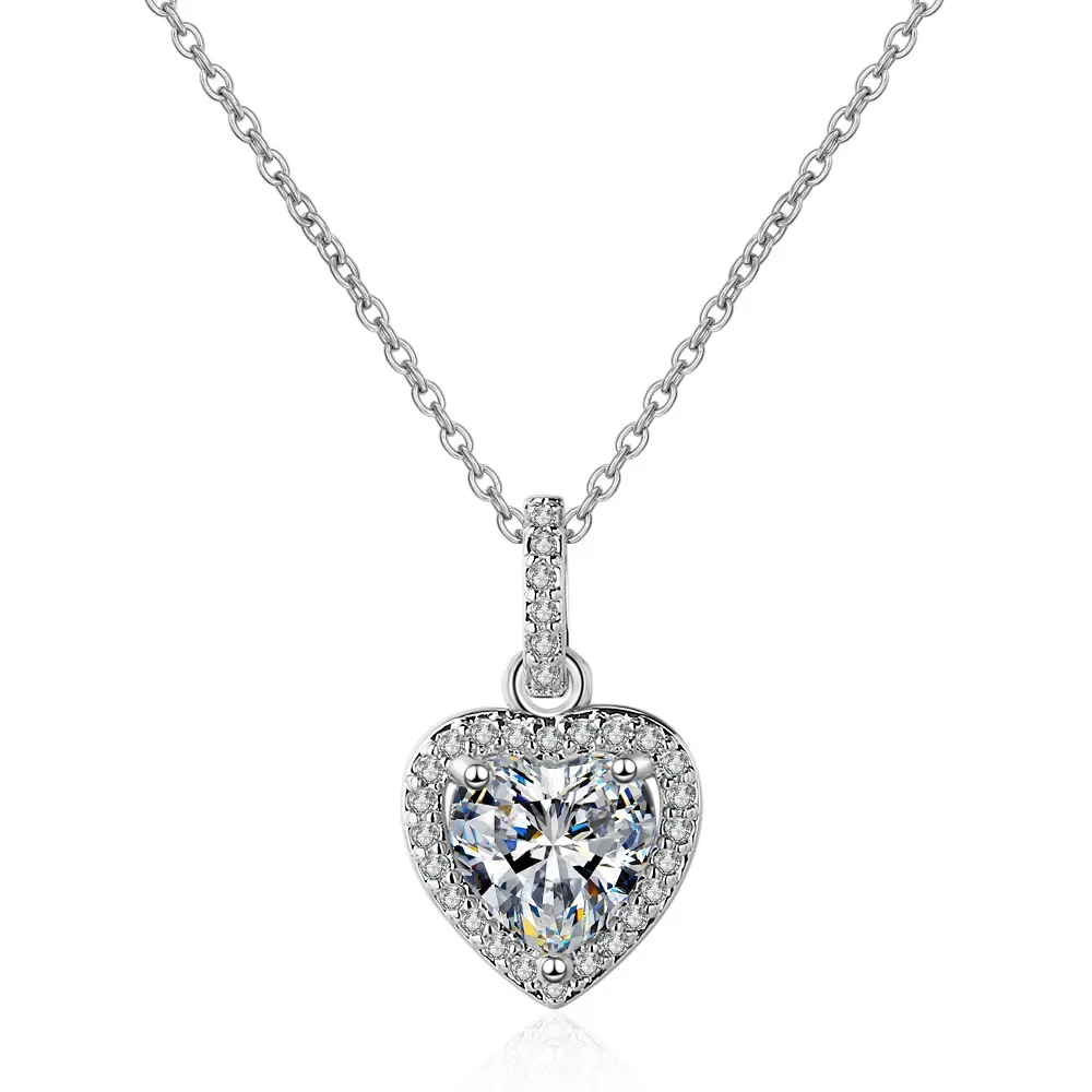 S925 Sterling Silver Zircon Women's Heart-Shaped Full Diamond Short Clavicle Chain Simple Love Pendant Necklace Wedding Gift