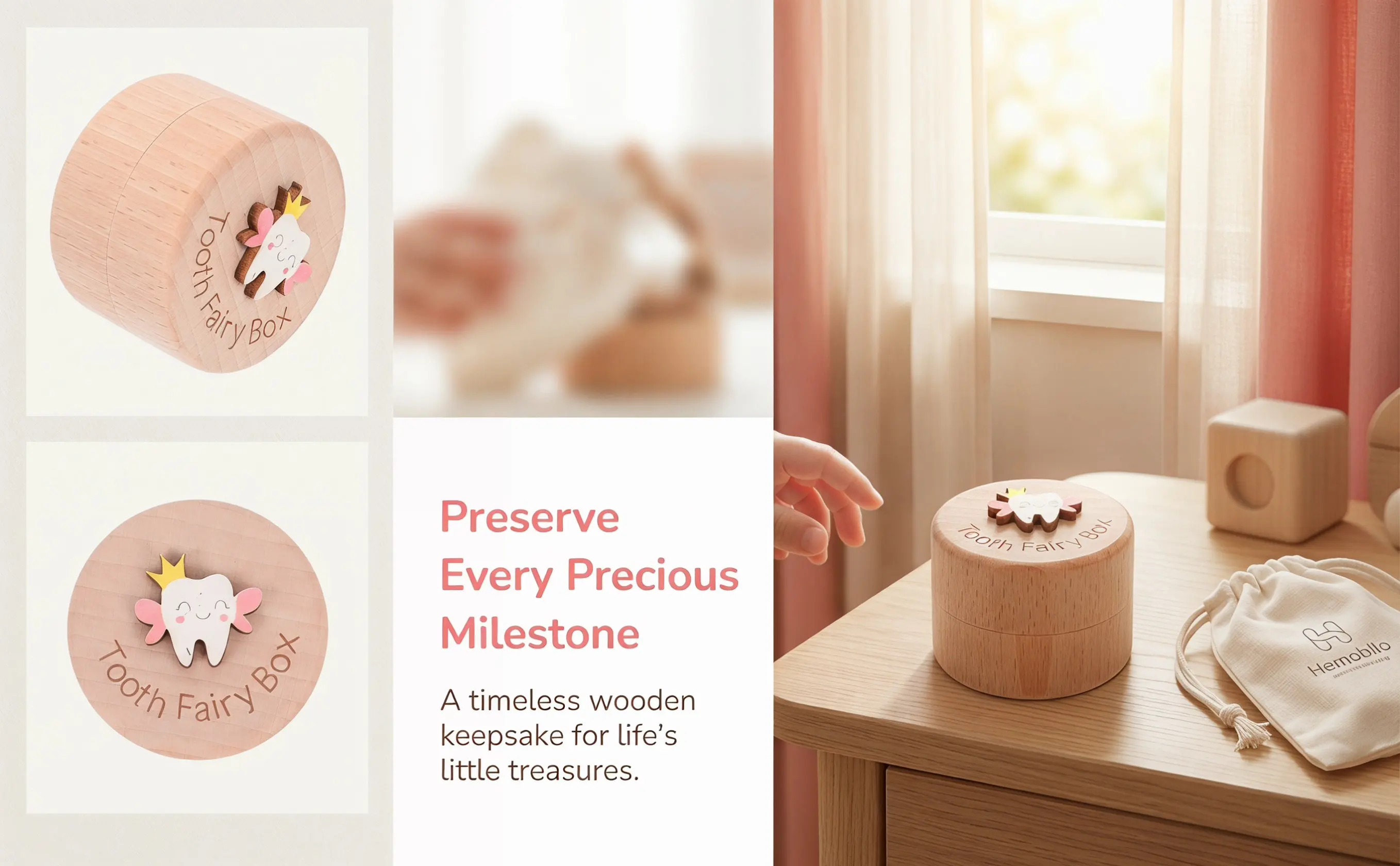 Wooden Baby Teeth Storage Box – Dustproof Keepsake Container for Children’s Lost Teeth Collection
