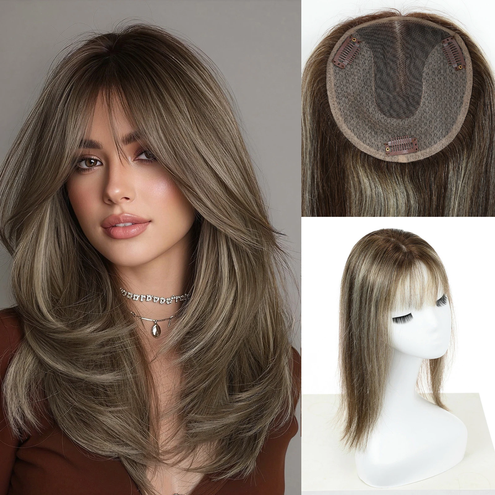 Brown Human Hair Toppers with Blonde Highlights 5x6 inch 3 Clips Swiss Base 14inch Natural Human Hair Topper for Women Hair Loss