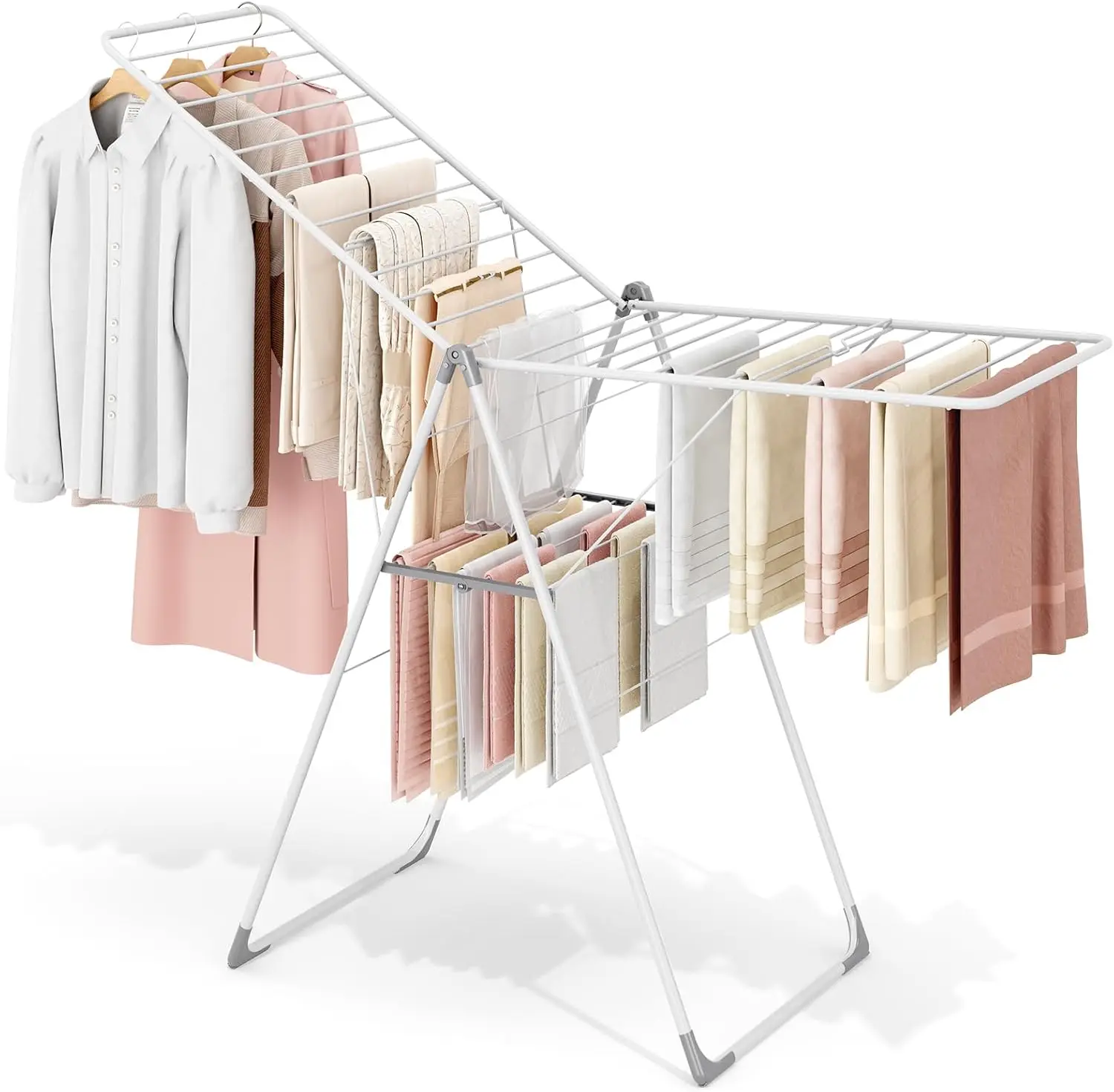 

Складная регулируемая по высоте металлическая сушилка для белья типа «крылья чайки», экономит место, для использования в помещении и на улице