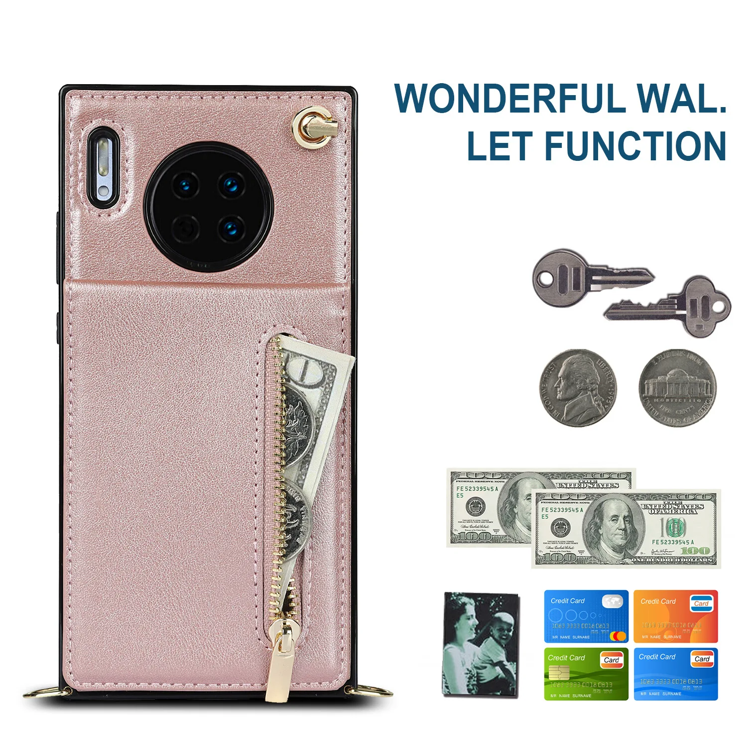 Zipper Wallet For P30 Pro P40 Lite Mate40 Mate30 Mate20 Case With Card Holder Lanyard Strap Crossbody Leather Cover Soft