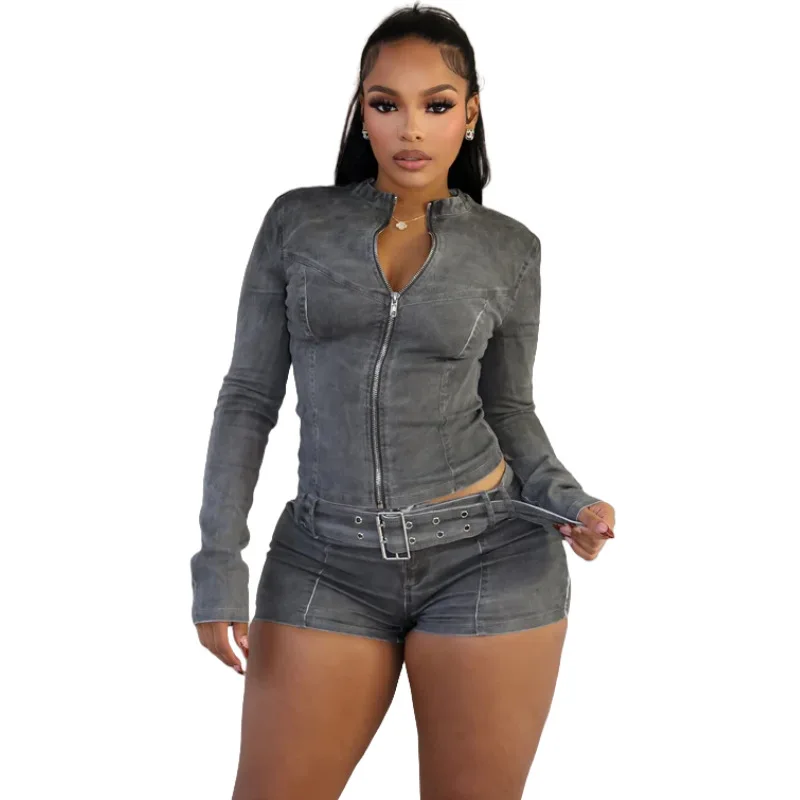 

New Denim Shorts Set Long-sleeved Elastic Shorts Belt Set Two Pieces for Women
