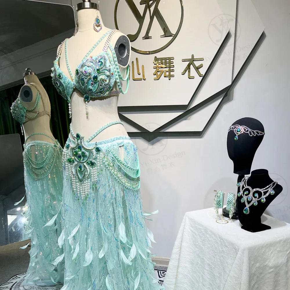 Customized Eastern Belly Dancewear Women Clothes Tassel Belly Dancing Bra Skirt Belt Oriental Dance Costume Group Stage Suit Set