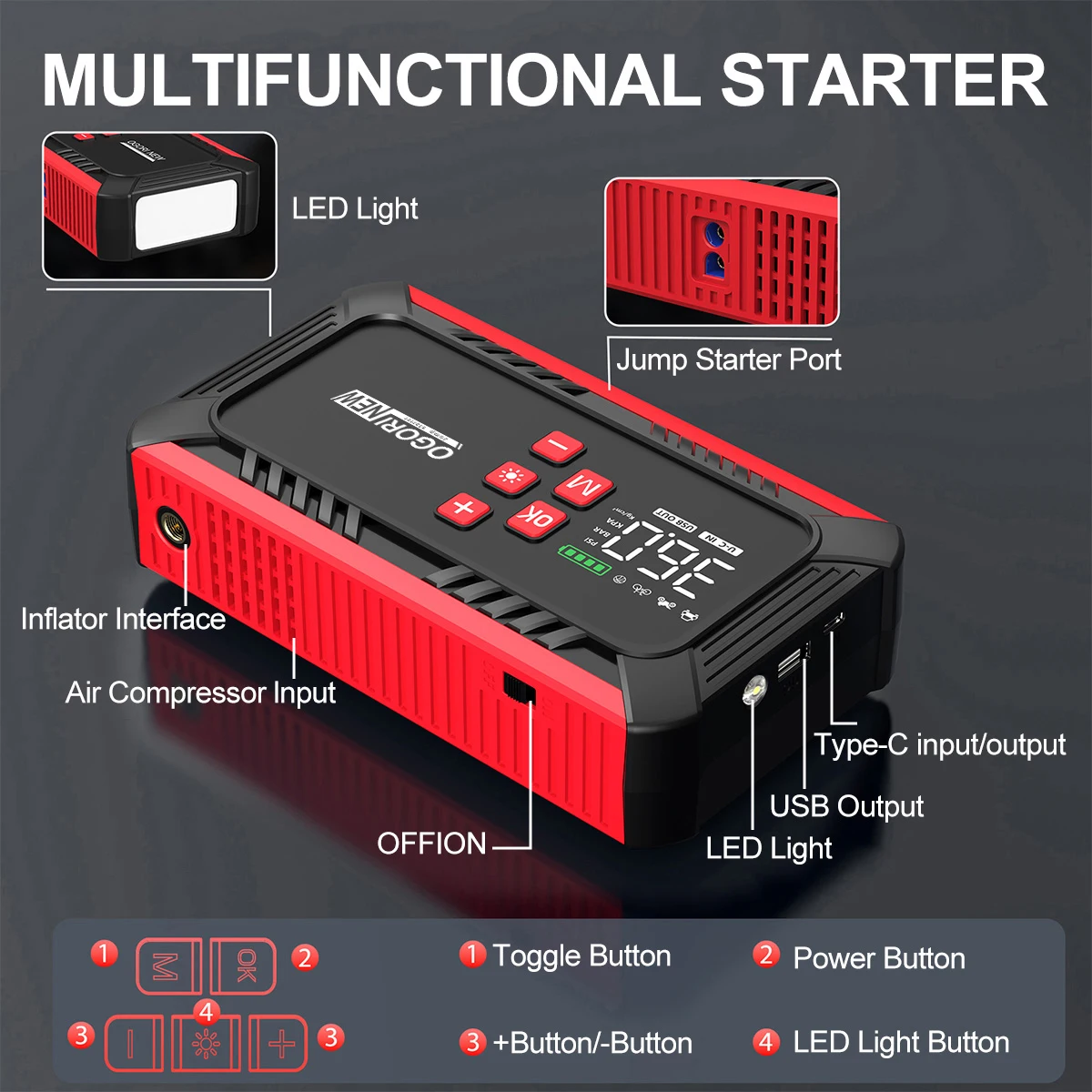 Jump Starter with Air Compressor 150PSI, 8000/9000A Portable Car Battery Booster (All Gas/16L Diesel)