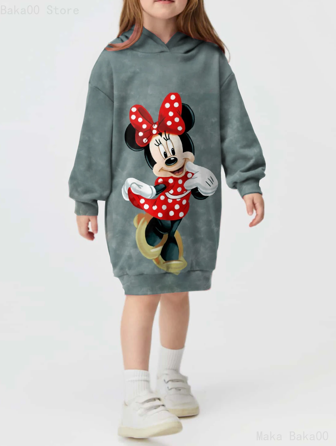 

Casual Loose Girls Disney Mickey and Minnie Printed Children's Clothing Hooded Sweater Dress Winter Cartoon Pattern Pullover