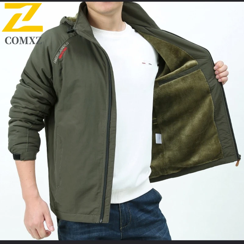 

Мужская куртка 2024, осенне-зимняя коллекция, бархатная утолщенная ветрозащитная теплая рабочая одежда, куртка с капюшоном, уличное пальто для кемпинга и пешего туризма